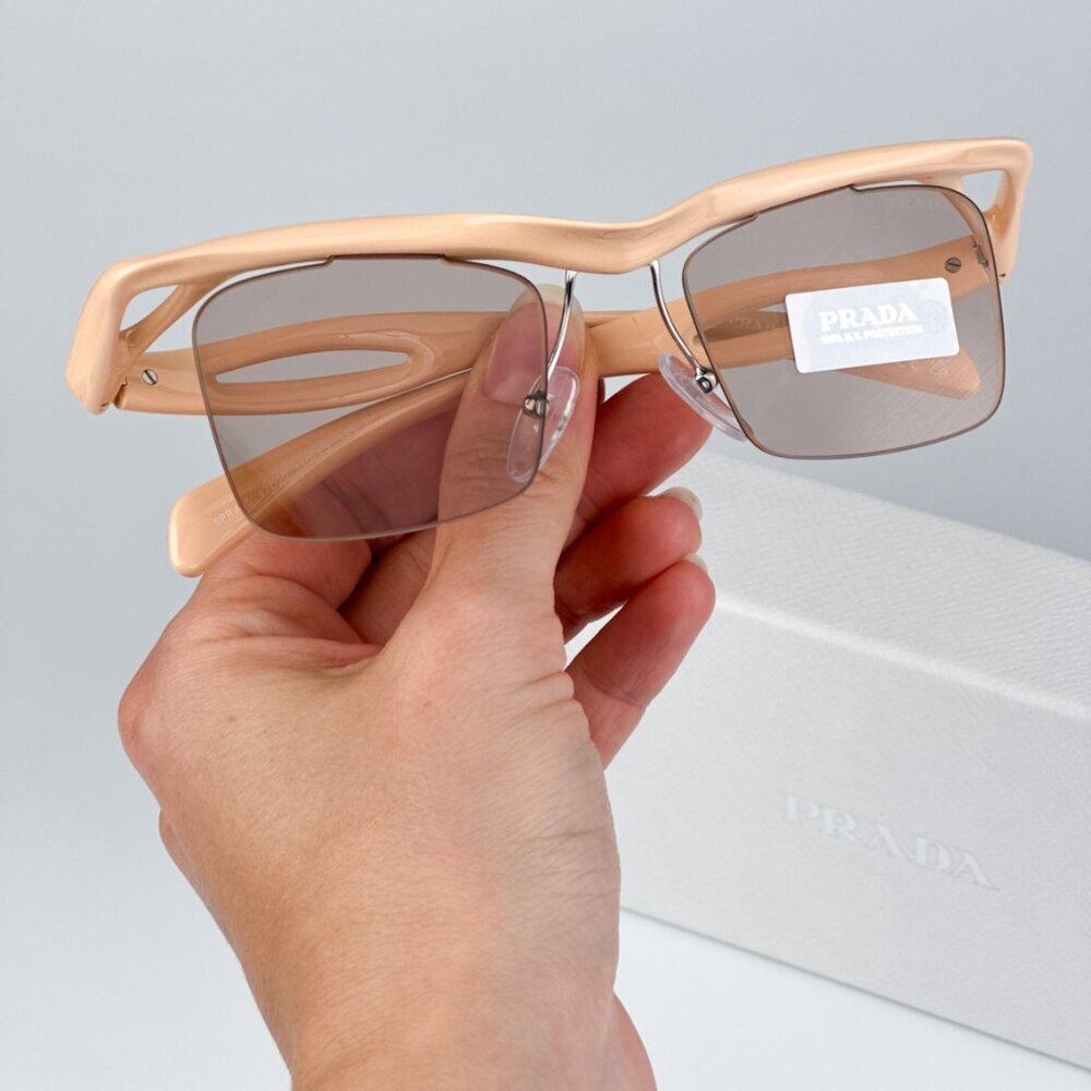 Prada PRA15S 18Q4I2 BRAND NEW Sunglasses Peach Light Brown Rectangle Unisex - Picture 3 of 14